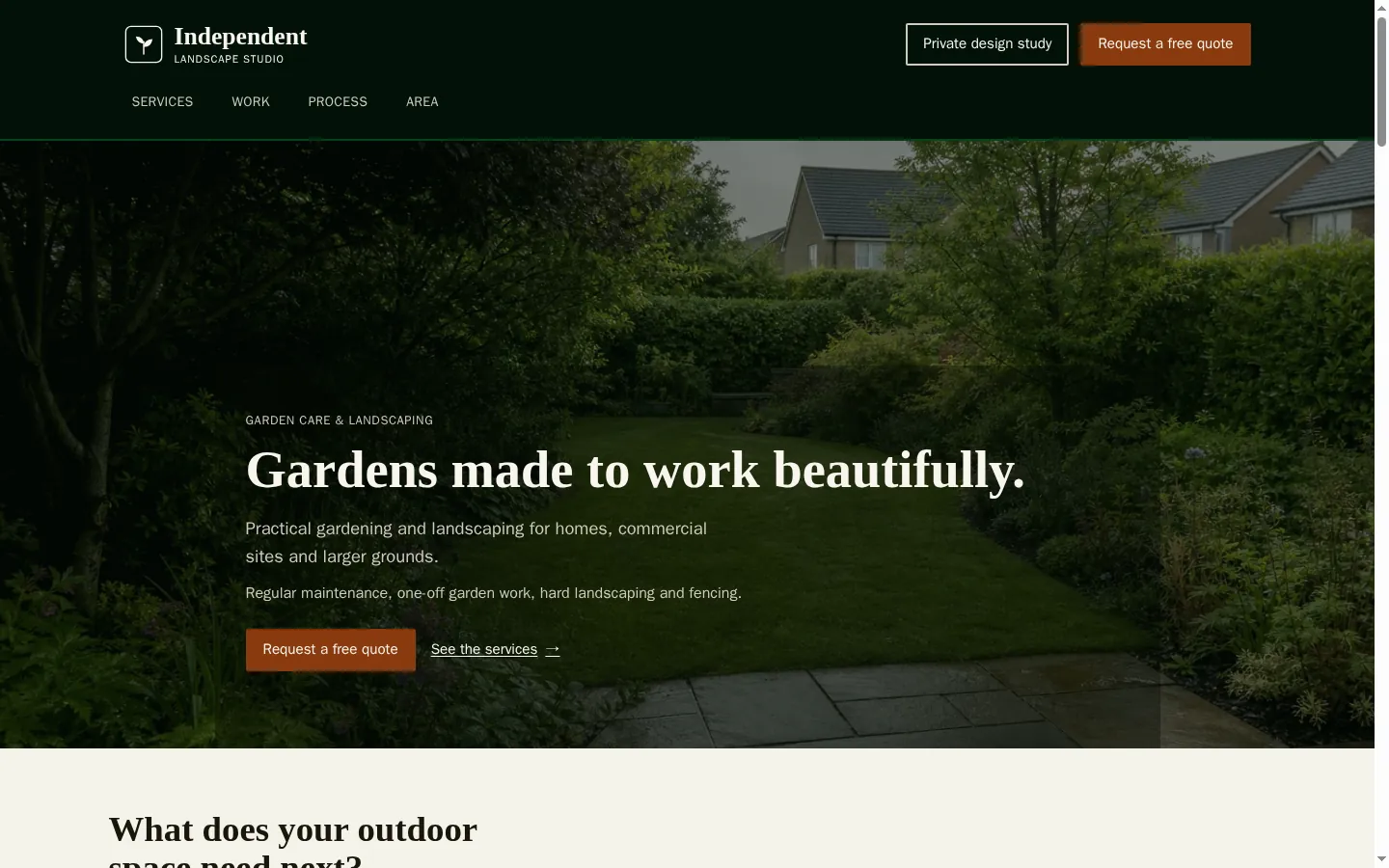 Desktop view of an anonymised landscaping website homepage